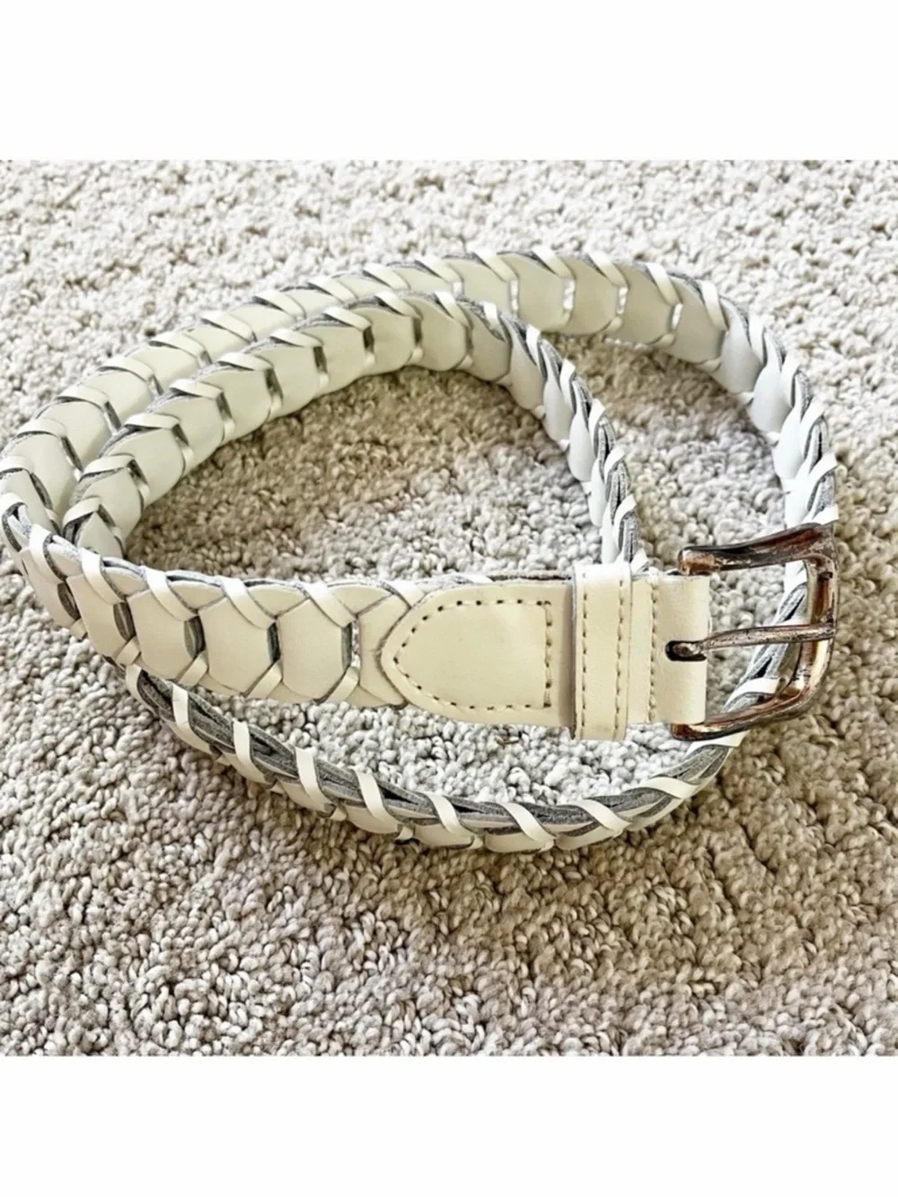 County Seat Womens Ivory Woven Belt Sz L Braided Leather Western Classic Brass